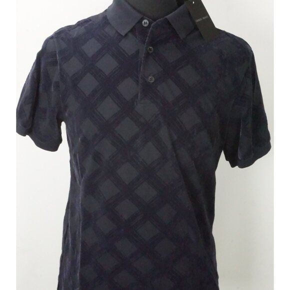 Giorgio Armani Black Label Blue Plaid Velvet Silk Cotton Polo Shirt Sz 48 NEW